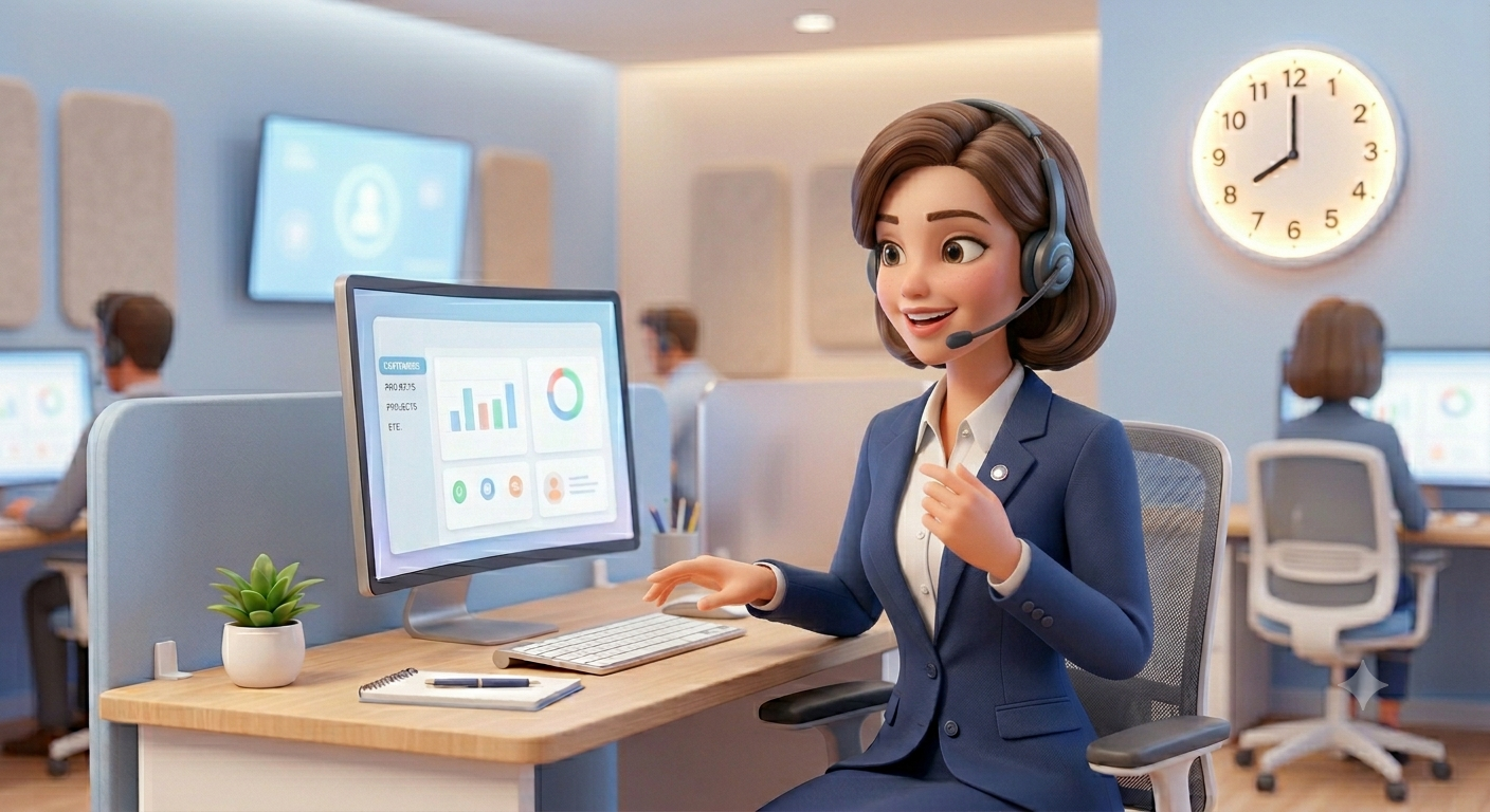 Call center agent at workstation ready to take your call